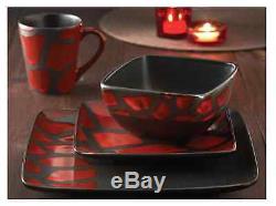 Square Dinnerware Set 16 Piece Earthenware Red Black Dinner Dishes Plates Modern