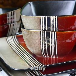 Square Dinnerware Set with Service for 4 Dinner Plates Bowls Cups Red Dishes NEW