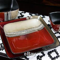 Square Dinnerware Set with Service for 4 Dinner Plates Bowls Cups Red Dishes NEW