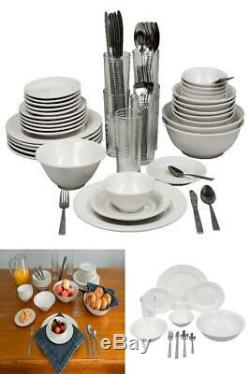 Stoneware Dinnerware Set 62 Piece Service for 6 Round Serving Kitchen Dishes