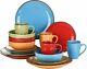 Stoneware Vintage Look Dinner Set Multi-colour 16pc Crockery Plates Bowls Mugs