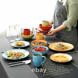 Stoneware Vintage Look Dinner Set Multi-colour 16pc Crockery Plates Bowls Mugs
