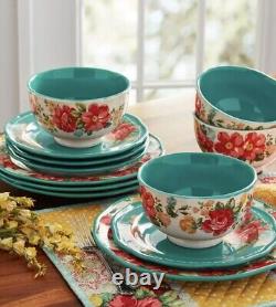 The Pioneer Woman Vintage Floral 12 Pc Dinnerware Set Service for 4 Plate Teal