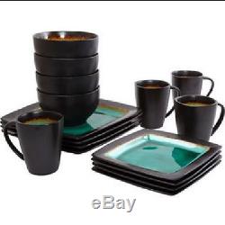 Turquoise Black 32 Piece Dishes Dinnerware Square Set Stoneware Dinner 8 Plates