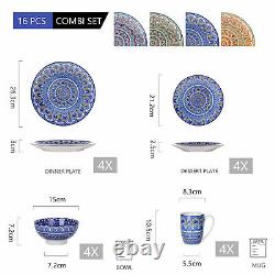 Vancasso Mandala Dinnerware Set 16-Piece Blue Porcelain Plates Bowls Mugs Round