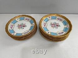 Vintage Antique Bavarian Porcelain Set of 11 Plates Blue Gold Floral Decoration