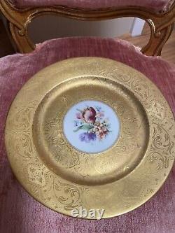 Vintage Circa 1930 Porcelain Gold Encrusted Floral Dinner Plates Set of 8