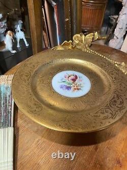 Vintage Circa 1930 Porcelain Gold Encrusted Floral Dinner Plates Set of 8