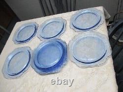 Vintage Federal Madrid Blue Depression Glass Dinner Plate Set 8 Square 10-3/8