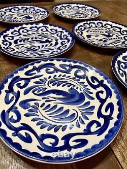 Vintage Hand Painted 6 Blue And White Anfora Dinner Plates 9.25 Hecho En Mexico