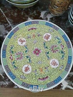 Vintage Mun Shou Yellow Longevity Porcelain Dinner set more than 80 pieces