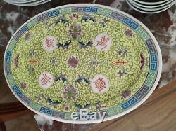 Vintage Mun Shou Yellow Longevity Porcelain Dinner set more than 80 pieces