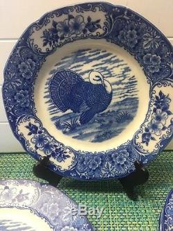 Vintage Set Of 12 Dinner Plates Underglaze Turkey Set Blue & White M 10 1/4