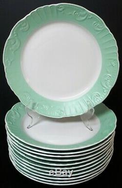 Vista Alegre Embossed Green Manueline Set of 12 Large 10 3/8 Wide Dinner Plates