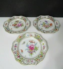 Vtg Dresden Hand Painted Floral Reticulated Plate 8 5/8 Set of 3 Bavaria LOVELY