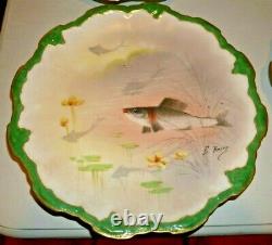 WONDERFUL SET 12 LIMOGES FRANCE FISH PLATES Painted by E. Brice