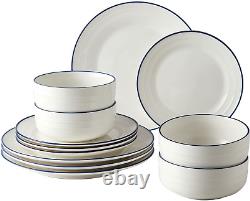 White Dinnerware Sets, 12-Piece Threaded Relief Kitchen Dinner Set, Plates, Bowl