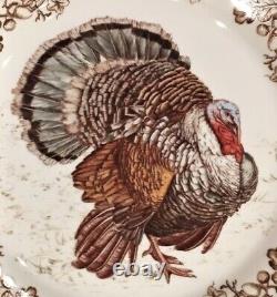 Williams Sonoma PLYMOUTH TURKEY Thanksgiving Autumn Fall DINNER PLATES Set/4 NEW