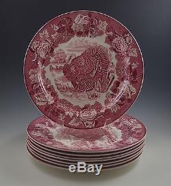 Wood And Son, Enoch Burslem Turkey Red Set Of 8 Dinner Plates, Toile, 1930-50